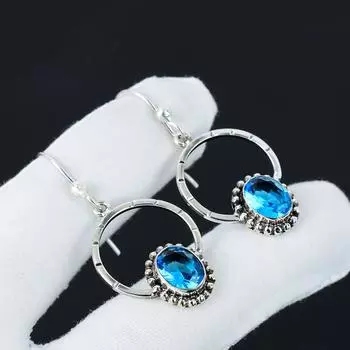 Серьги с драгоценными камнями Swiss Blue Topaz, серьги из стерлингового серебра 925 пробы, серьги-подвески из серебра ручной работы в стиле бохо, праздничные наряды в подарок 2.16 синий
