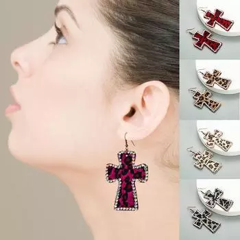 Серьги с дуплексной печатью Серьги из натуральной кожи Ретро крестообразный леопардовый принт 8*4.6cm чёрный