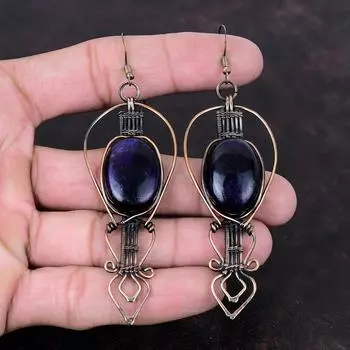 Серьги с фиолетовым огненным лабрадоритом, серьги из медной проволоки, элегантные серьги, медные ювелирные изделия, серьги с драгоценными камнями, ювелирные изделия ручной работы, подарок для женщин