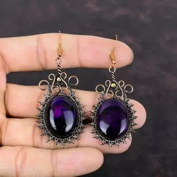 Серьги с фиолетовым огненным лабрадоритом, серьги из медной проволоки, ювелирные изделия из драгоценных камней, серьги ручной работы, подарок для мамы, удивительные серьги, медные украшения