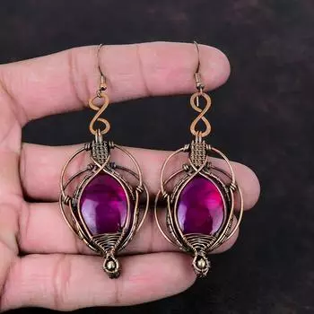 Серьги с фиолетовым огненным лабрадоритом, серьги с медной проволокой, серьги-подвески, драгоценные камни, медные украшения, стильные серьги ручной работы, подарок на помолвку