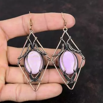 Серьги с фосфосидеритом, медная проволока, серьги, драгоценный камень, серьги ручной работы, медные украшения, висячие серьги, подарок для мамы, ювелирные изделия из проволочной обмотки