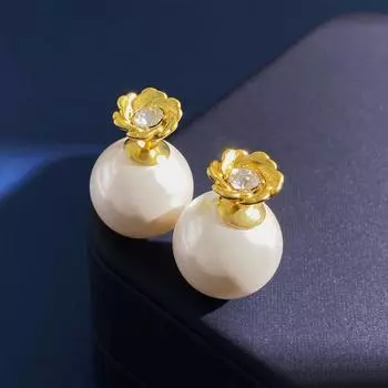 Серьги с французским жемчугом Ins Style Elegant Temperament Flower Diamond-Plated 18K Gold Stud Ear Jewelry золотой