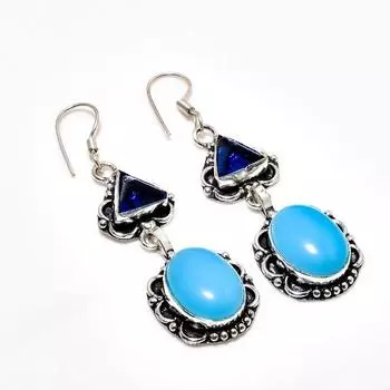 Серьги с голубым халцедоном, голубым топазом, посеребренные 925 пробы, 2,27 дюйма