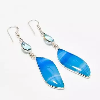 Серьги с голубым кружевным агатом, голубым топазом, посеребренные 925 пробы, 2,65 дюйма