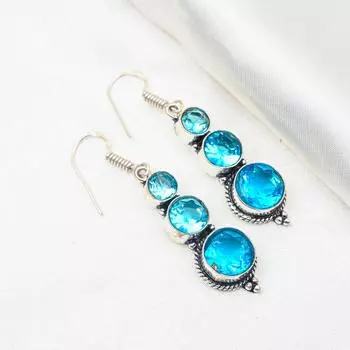 Серьги с голубым топазом, драгоценные камни, серьги из чистого серебра 925 пробы, серьги ручной работы с камнями по месяцу рождения, подарок для него 1.96 Inches синий