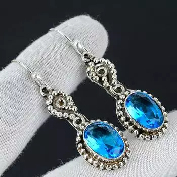 Серьги с голубым топазом, серьги ручной работы, серьги из стерлингового серебра 925 пробы, ювелирные серьги с голубым топазом, подарок для нее, серьги-капли для женщин 1.96 синий