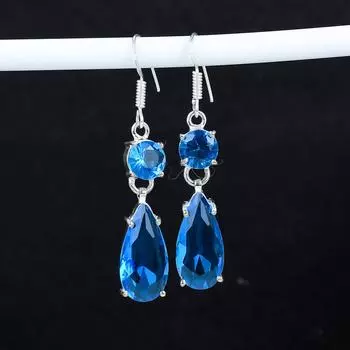 Серьги с голубым топазом, старинные серьги из стерлингового серебра 925 пробы, серьги-подвески из серебра в стиле бохо, подарки на День благодарения, подарки для нее 2.95 синий