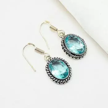 Серьги с голубым топазом Swiss Blue Topaz Gemstone Earring, 925 Solid Sterling Silver Earrings Jewelry Handmade Earrings, Silver Jewelry For Gift 1.41 Inches синий