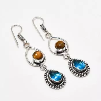 Серьги с голубым топазом Swiss, тигровым глазом, посеребренные 925 пробы, 2,38 дюйма
