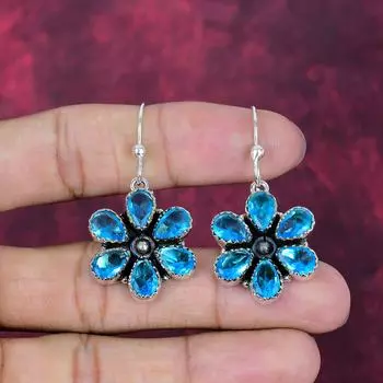 Серьги с голубым топазом, ювелирные изделия из цельного серебра 925 пробы с драгоценными камнями, серьги ручной работы, на День благодарения 1.77 Inches