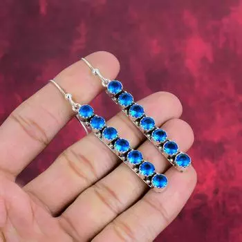 Серьги с голубым топазом, ювелирные изделия из цельного серебра 925 пробы с драгоценными камнями, серьги ручной работы, на День благодарения 2.91 Inches синий
