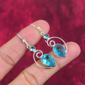 Серьги с голубым топазом, ювелирные изделия из стерлингового серебра 925 пробы, серьги ручной работы на День Благодарения 1.97 Inches синий