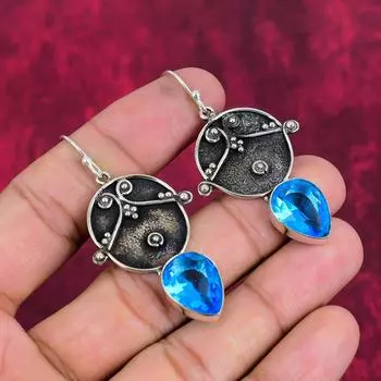 Серьги с голубым топазом, ювелирные изделия из цельного серебра 925 пробы с драгоценными камнями, серьги ручной работы, на День благодарения 2.24 Inches синий