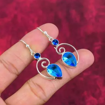Серьги с голубым топазом, ювелирные изделия из цельного серебра 925 пробы с драгоценными камнями, серьги ручной работы, на День благодарения 1.97 Inches синий