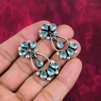 Серьги с голубым топазом, ювелирные изделия из цельного серебра 925 пробы с драгоценными камнями, серьги ручной работы, на День благодарения 1.65 Inches синий