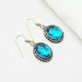 Серьги с голубым топазом, ювелирные изделия из цельного серебра 925 пробы с драгоценными камнями, серьги ручной работы, на День благодарения 1.41 Inches синий