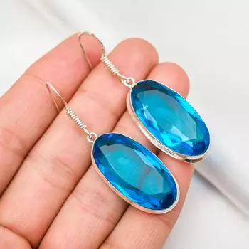 Серьги с голубым топазом, ювелирные изделия из цельного серебра 925 пробы с драгоценными камнями, серьги ручной работы, на День благодарения 2.16 Inches синий