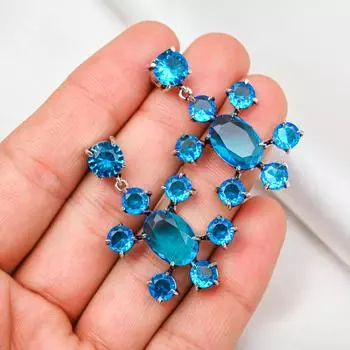 Серьги с голубым топазом, ювелирные изделия из цельного серебра 925 пробы с драгоценными камнями, серьги ручной работы, на День благодарения 1.57 Inches синий