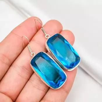 Серьги с голубым топазом, ювелирные изделия из стерлингового серебра 925 пробы, серьги ручной работы на День Благодарения 1.96 Inches синий