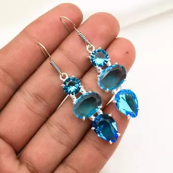 Серьги с голубым топазом, ювелирные изделия из цельного серебра 925 пробы с драгоценными камнями, серьги ручной работы, на День благодарения синий