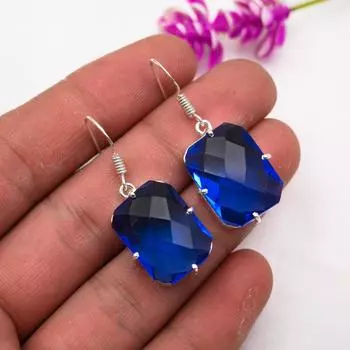 Серьги с голубым топазом, ювелирные изделия из цельного серебра 925 пробы с драгоценными камнями, серьги ручной работы, на День благодарения 1.57 Inches синий