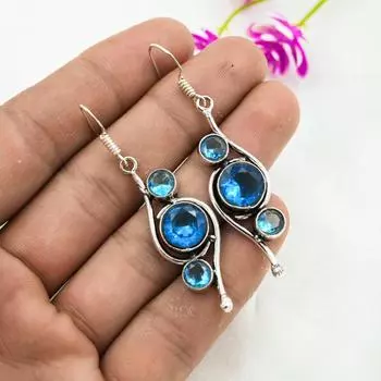 Серьги с голубым топазом, ювелирные изделия из цельного серебра 925 пробы с драгоценными камнями, серьги ручной работы, на День благодарения 2.44 Inches синий