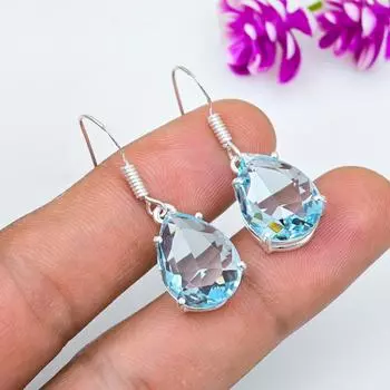 Серьги с голубым топазом, ювелирные изделия из цельного серебра 925 пробы с драгоценными камнями, серьги ручной работы, на День благодарения 1.53 Inches синий