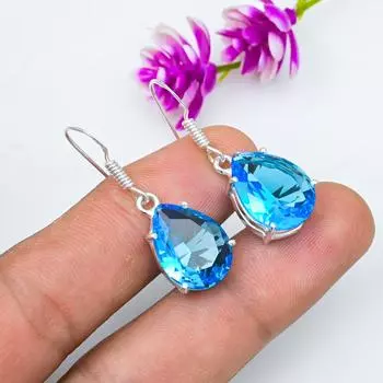 Серьги с голубым топазом, ювелирные изделия из цельного серебра 925 пробы с драгоценными камнями, серьги ручной работы, на День благодарения синий