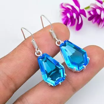 Серьги с голубым топазом, ювелирные изделия из цельного серебра 925 пробы с драгоценными камнями, серьги ручной работы, на День благодарения 1.57 Inches синий