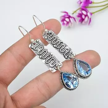 Серьги с голубым топазом, ювелирные изделия из цельного серебра 925 пробы с драгоценными камнями, серьги ручной работы, на День благодарения синий
