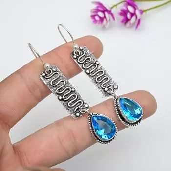 Серьги с голубым топазом, ювелирные изделия из цельного серебра 925 пробы с драгоценными камнями, серьги ручной работы, на День благодарения синий