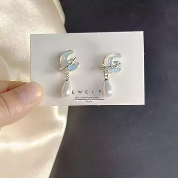 «Серьги с голубым жемчугом «кошачий глаз» и лунной планетой — роскошный, универсальный и необычный дизайн с изображением звездного неба» Dream Moon Pearl Earrings синий