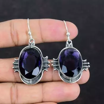 Серьги с граненым африканским аметистом, серебряные серьги 925 пробы, серьги с драгоценными камнями ручной работы, изящные серьги с африканским аметистом, ювелирное украшение в подарок для нее