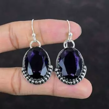 Серьги с граненым африканским аметистом, серебряные серьги 925 пробы, висячие серьги ручной работы, серебряные ювелирные изделия, серьги с настоящими драгоценными камнями, подарки для нее