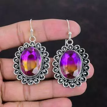 Серьги с граненым аметрином, серьги с натуральным драгоценным камнем, потрясающие ювелирные изделия, серьги из стерлингового серебра 925 пробы, ювелирные изделия ручной работы, висячие серьги, подарки для нее