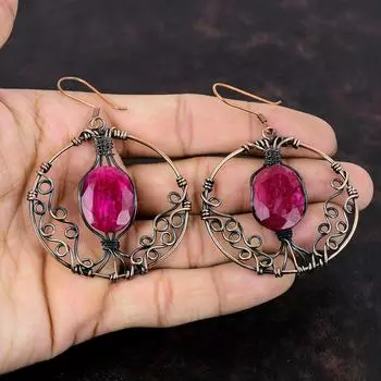 Серьги с граненым кашмирским рубином и драгоценным камнем, серьги из медной проволоки, серьги ручной работы, потрясающие медные украшения, стильные серьги, подарок на годовщину