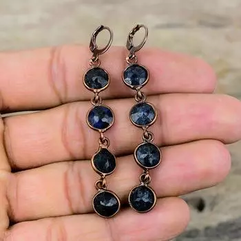 Серьги с граненым синим сапфиром, медные серьги, полученные гальваническим способом, ювелирные изделия ручной работы, серьги с драгоценными камнями, ювелирные изделия из гальванической меди, подарок на годовщину