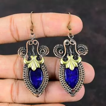 Серьги с граненым синим сапфиром, обернутые медной проволокой, драгоценные камни, ювелирные изделия ручной работы, обернутые проволокой, изящные медные серьги, уникальные серьги для подарка