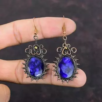 Серьги с граненым синим сапфиром, серьги из медной проволоки, серьги ручной работы, ювелирные изделия из драгоценных камней, ювелирные изделия из медной проволоки, уникальные серьги, подарок для мамы