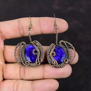 Серьги с граненым синим сапфиром, серьги из медной проволоки, очень красивые серьги с драгоценными камнями, ювелирные изделия из медной проволоки, серьги ручной работы, подарок для мамы