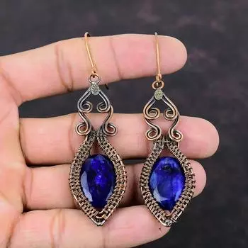Серьги с граненым синим сапфиром, серьги из медной проволоки, ювелирные изделия ручной работы из настоящих драгоценных камней, дизайнерские серьги, ювелирные изделия из медной проволоки, подарок для нее