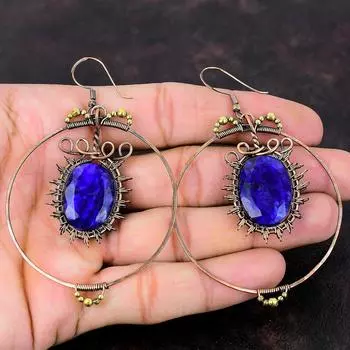 Серьги с граненым синим сапфиром, серьги с драгоценными камнями в медной проволоке, уникальные ювелирные изделия ручной работы, потрясающие серьги, ювелирные изделия из медной проволоки, свадебный подарок