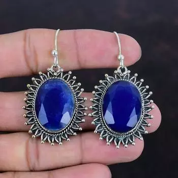 Серьги с граненым синим сапфиром, серьги из стерлингового серебра 925 пробы, новейшие дизайнерские серьги, ювелирные изделия ручной работы, великолепные серьги с драгоценными камнями, подарки для матери