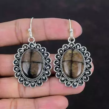 Серьги с хиастолитом, драгоценные камни, ювелирные изделия ручной работы, серьги из стерлингового серебра 925 пробы, ювелирные изделия с хиастолитом, замечательные висячие серьги, подарки на годовщину