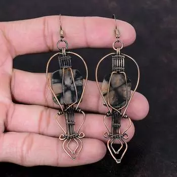 Серьги с хиастолитом, медная проволока, серьги с драгоценными камнями, медные ювелирные изделия ручной работы, дизайнерские серьги, натуральный хиастолит, ювелирные изделия, подарок для жены