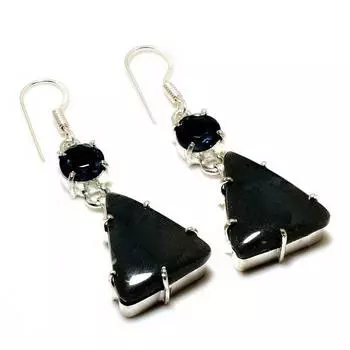 Серьги с индийским моховым агатом, голубым топазом, посеребренные 925 пробы, 1,89 дюйма