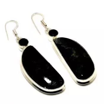 Серьги с индийским моховым агатом и черной шпинелью, посеребренные 925 пробы, 2,46 дюйма