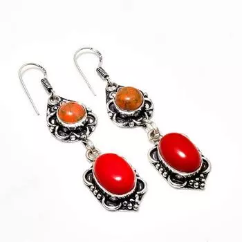 Серьги с итальянским красным кораллом и бирюзовым камнем, посеребренные 925 пробы, 2,34 дюйма