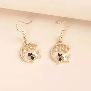Серьги с изображением черно-белой кошки и луны, мультяшные, круглые, с бриллиантами, серьги-гвоздики с жемчугом золотой